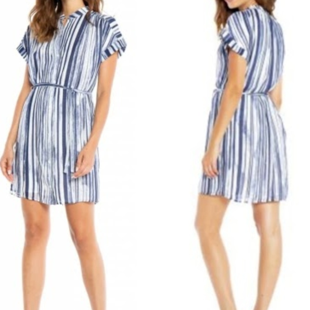 BELLA DAHL Sheered Navy Stripe Belted Shirt Dress